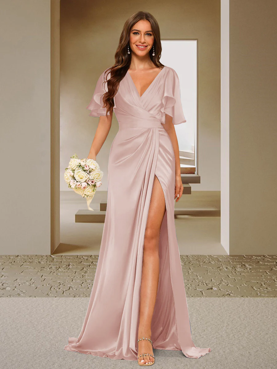 Trumpet/Mermaid V-Neck Short Sleeves Ruched Bridesmaid Dresses with Split Side & Ruffles - Image 4