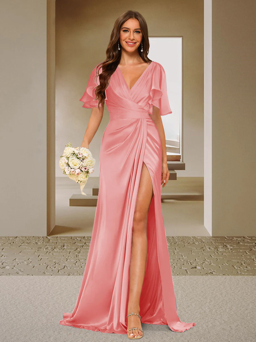 Trumpet/Mermaid V-Neck Short Sleeves Ruched Bridesmaid Dresses with Split Side & Ruffles - Image 41