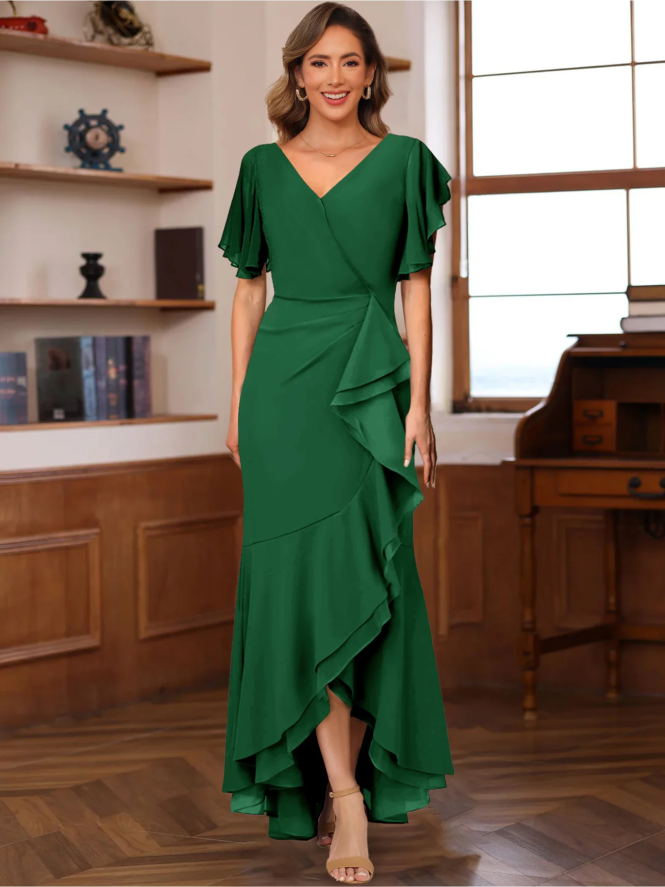 Trumpet/Mermaid V-Neck Short Sleeves Ruched Mother of the Bride Dresses with Ruffles - Image 19