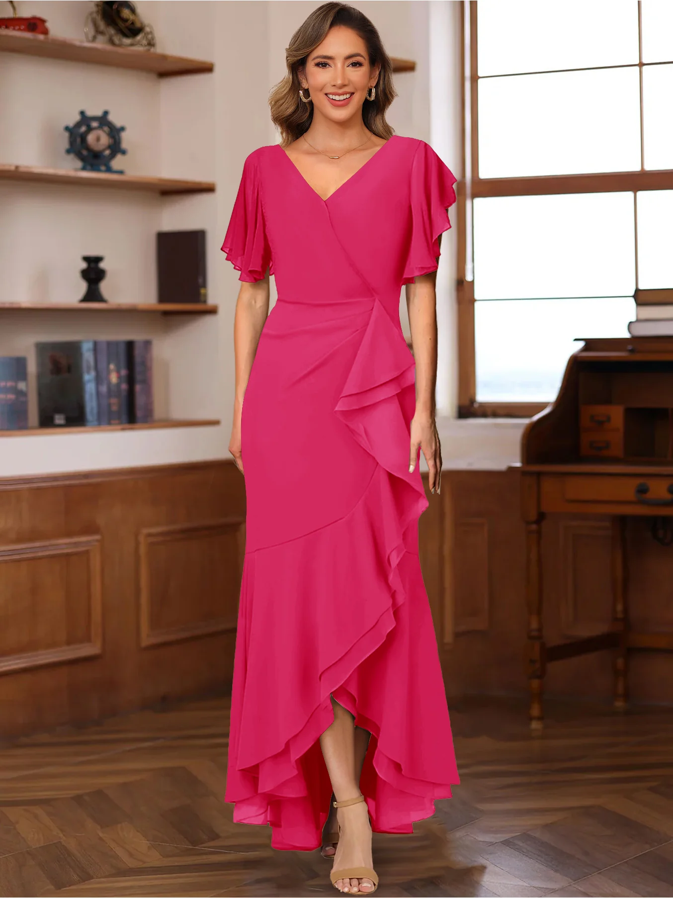 Trumpet/Mermaid V-Neck Short Sleeves Ruched Mother of the Bride Dresses with Ruffles - Image 22
