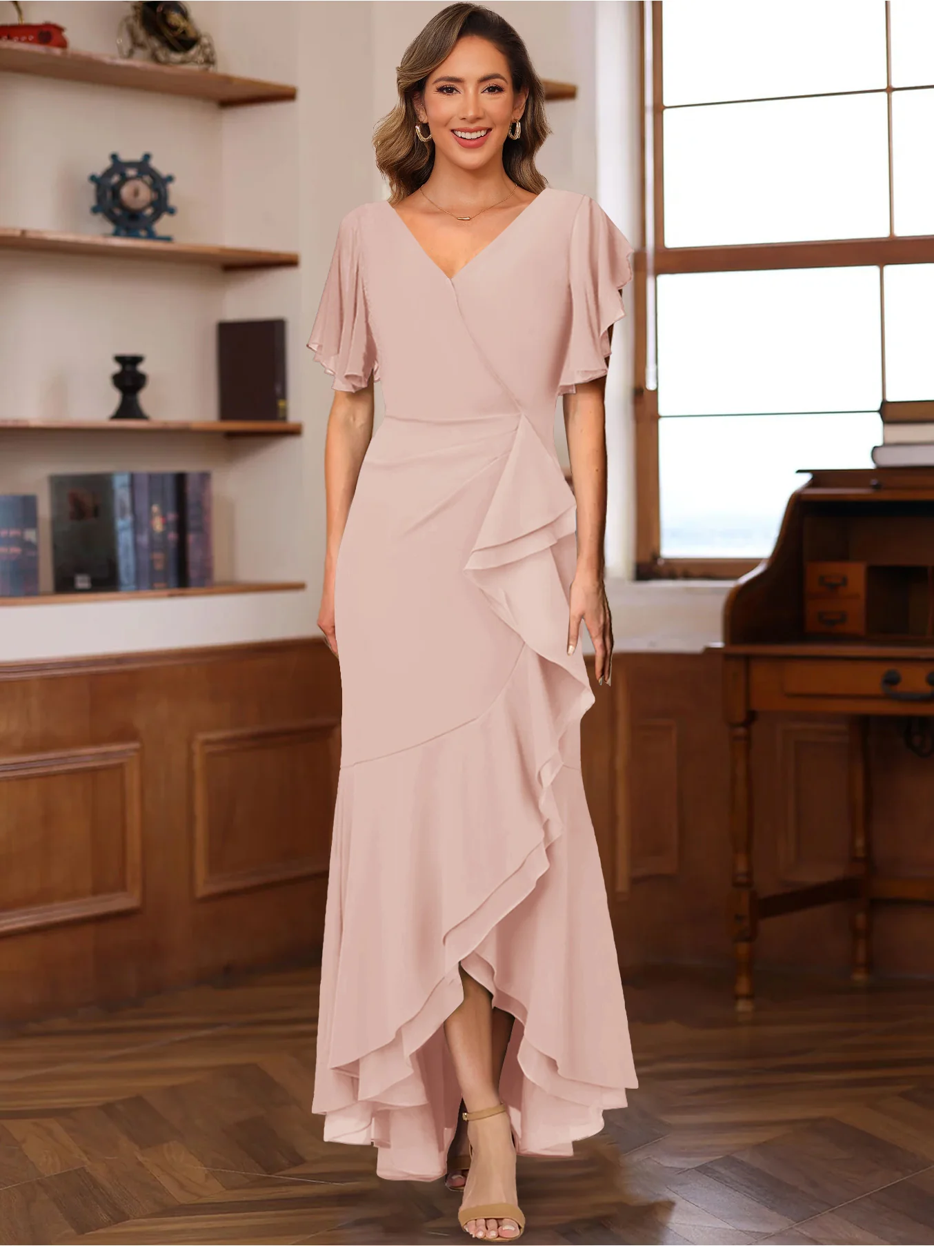 Trumpet/Mermaid V-Neck Short Sleeves Ruched Mother of the Bride Dresses with Ruffles - Image 5