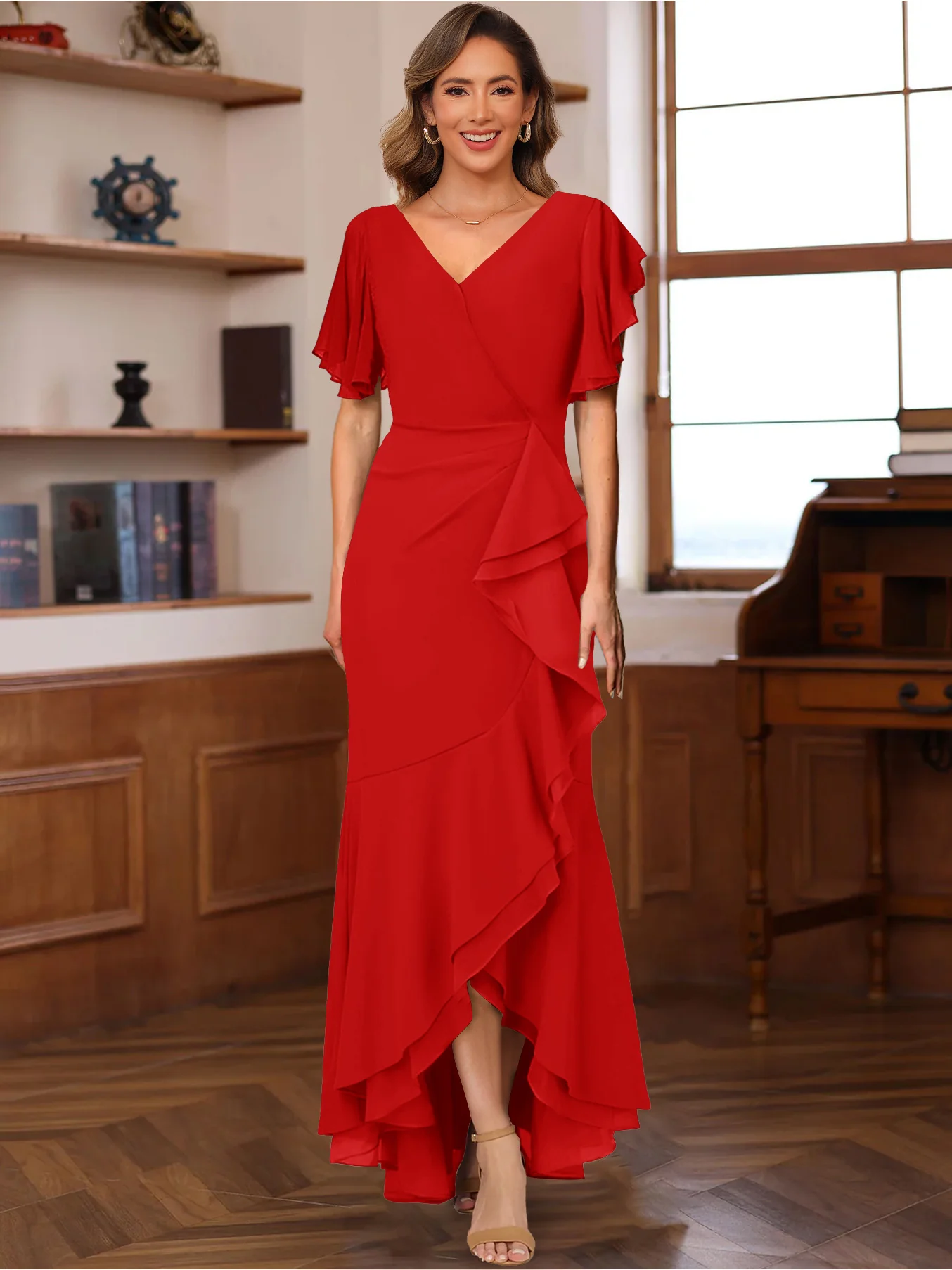 Trumpet/Mermaid V-Neck Short Sleeves Ruched Mother of the Bride Dresses with Ruffles - Image 53