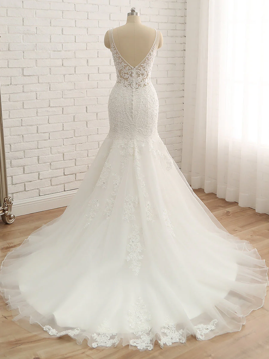 Trumpet/Mermaid V-Neck Sleeveless Applique With Beading Tulle Court Train Wedding Dresses - Image 2