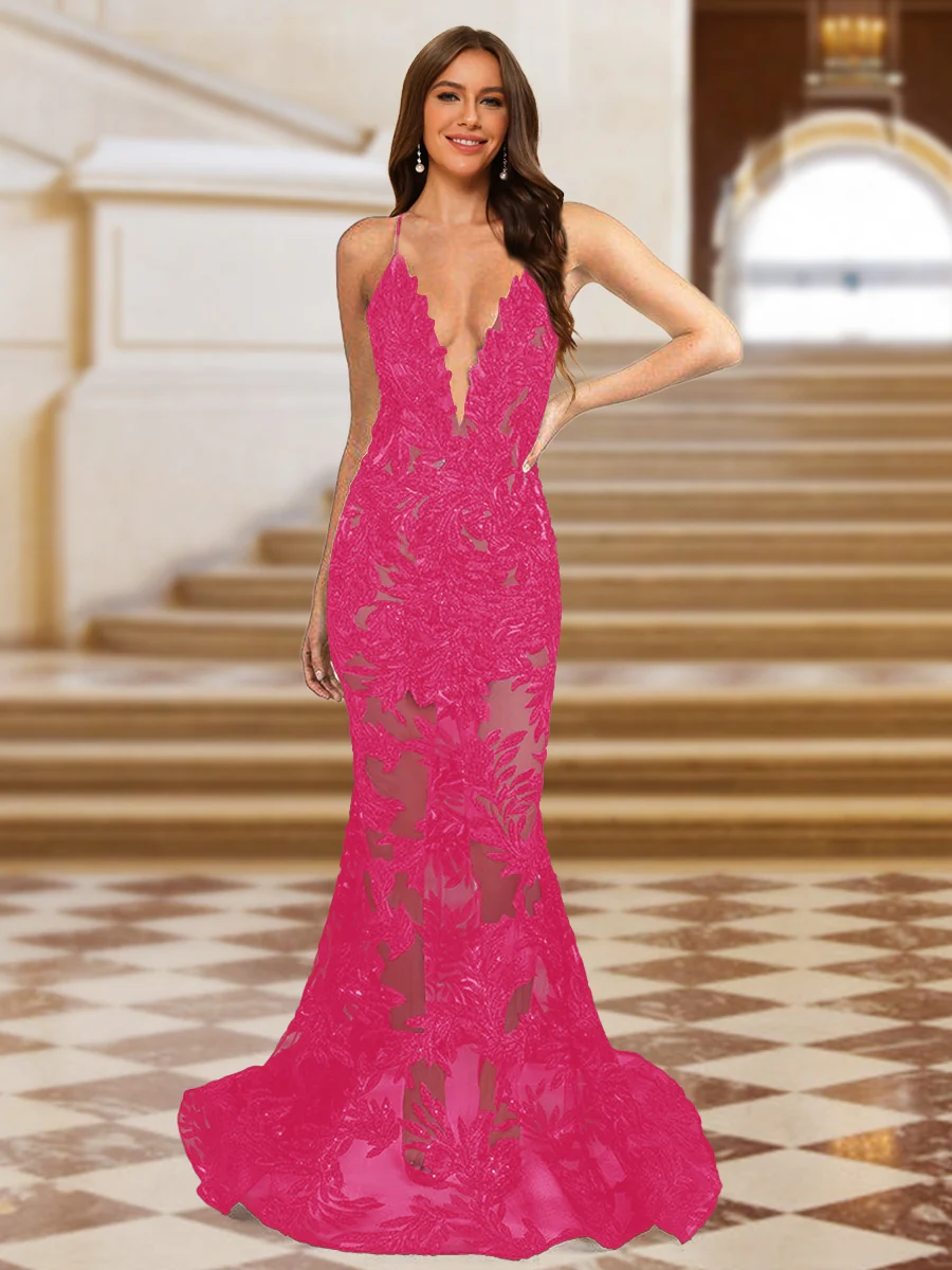 Trumpet/Mermaid V-Neck Sleeveless Evening Dresses with Applique - Image 20