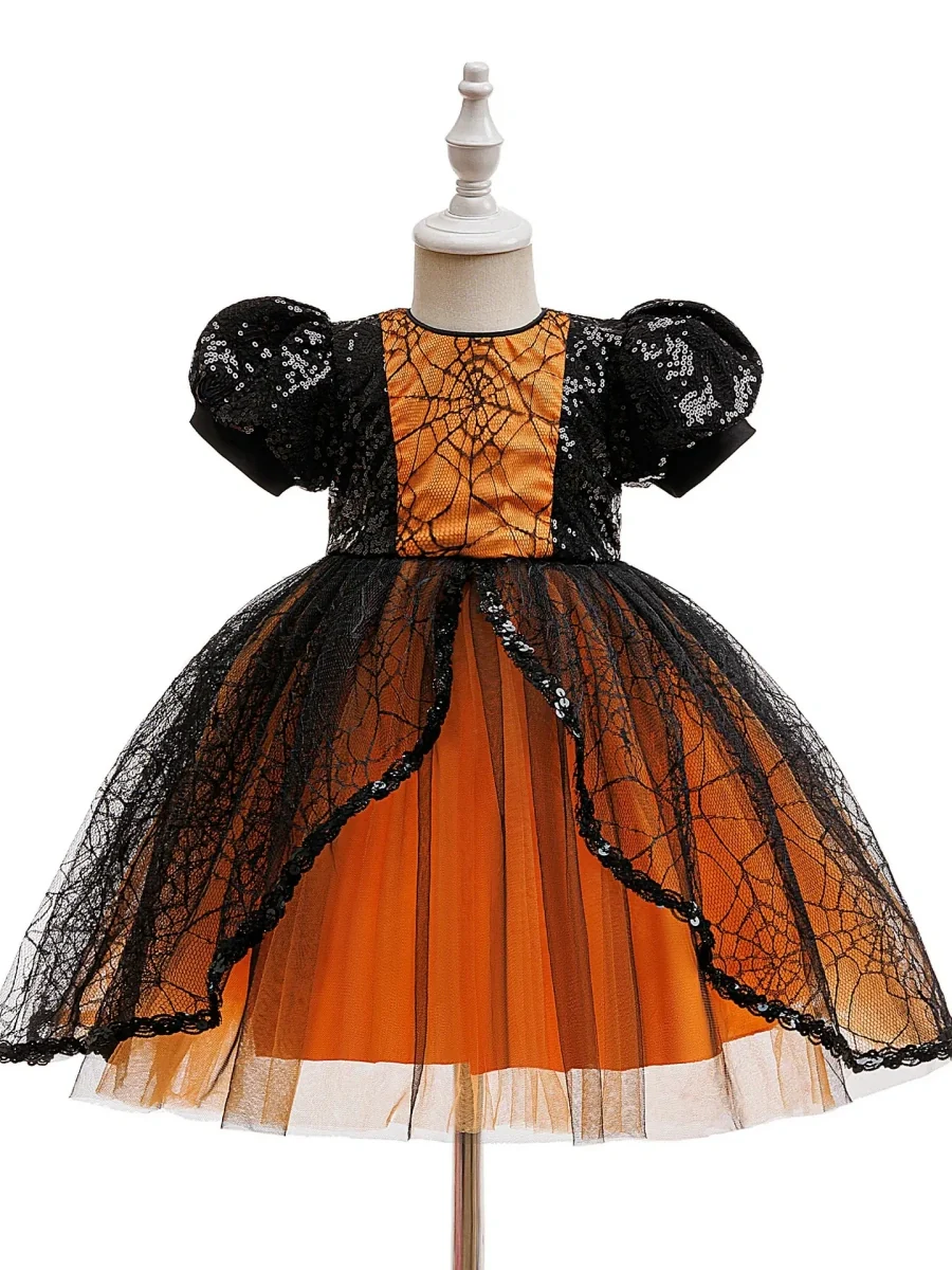Tulle Ball Gown Scoop Short Sleeves Knee-Length Halloween Dresses for Girls With Sequins - Image 4