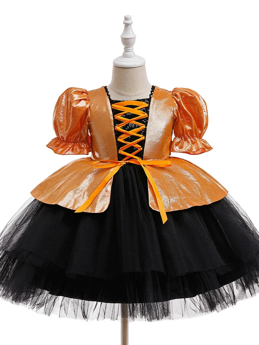 Tulle Ball Gown Square Neck Puff Sleeves Knee-Length Halloween Dresses for Girls With Bowknot - Image 5