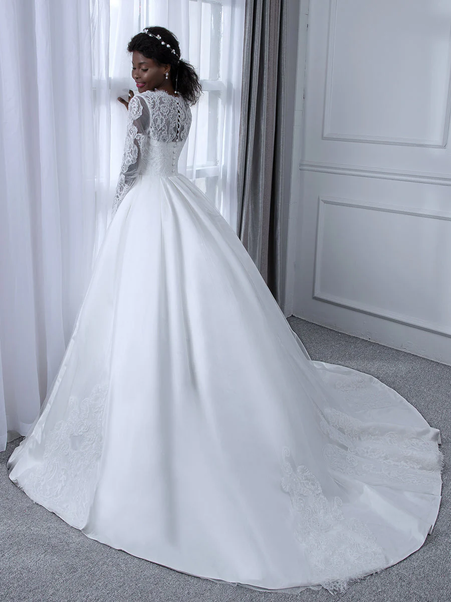 V-Neck Long Sleeves Lace Ball Gown Wedding Dresses with Appliques - Image 2