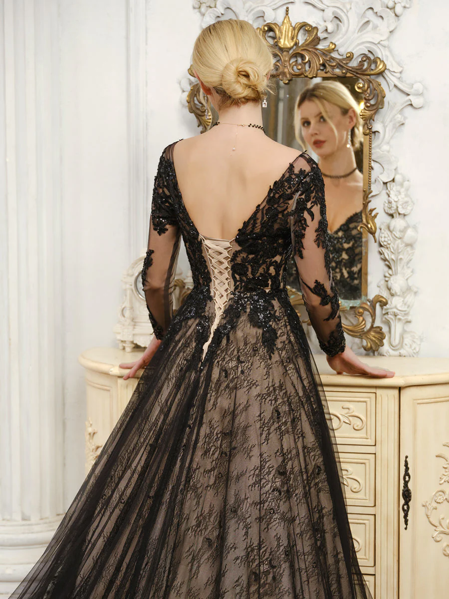 V-Neck Long Sleeves Tulle Wedding Dresses with Beading & Appliques - Image 7