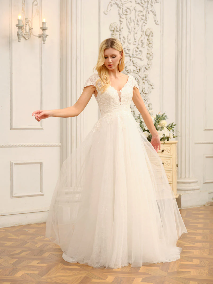V-Neck Short Sleeves Long Wedding Dresses with Appliques & Beading - Image 4