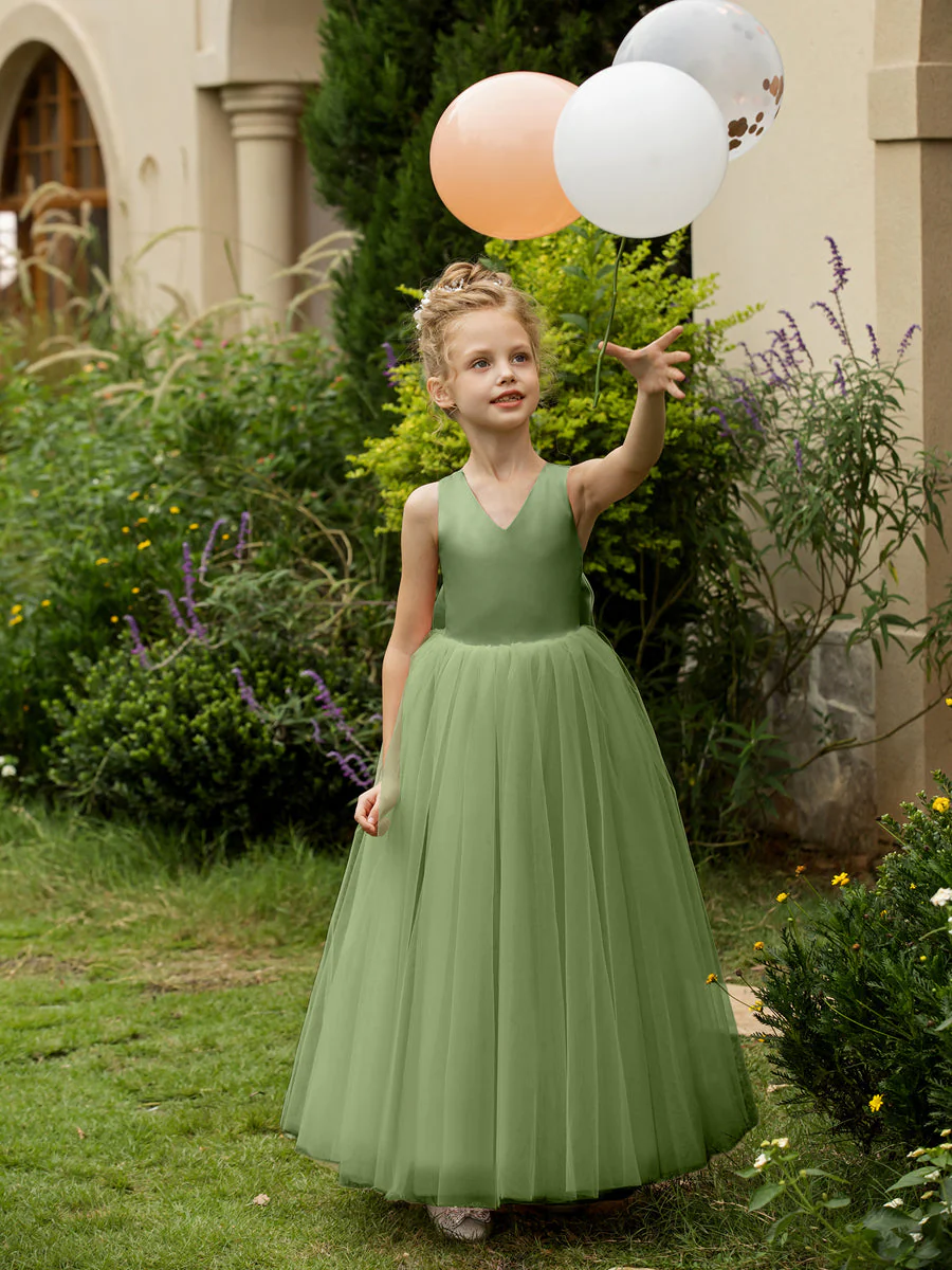 V-Neck Sleeveless Tulle Flower Girl Dresses with Satin Bowknot - Image 19