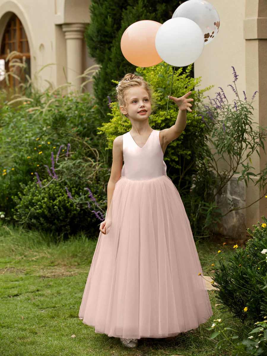 V-Neck Sleeveless Tulle Flower Girl Dresses with Satin Bowknot - Image 29