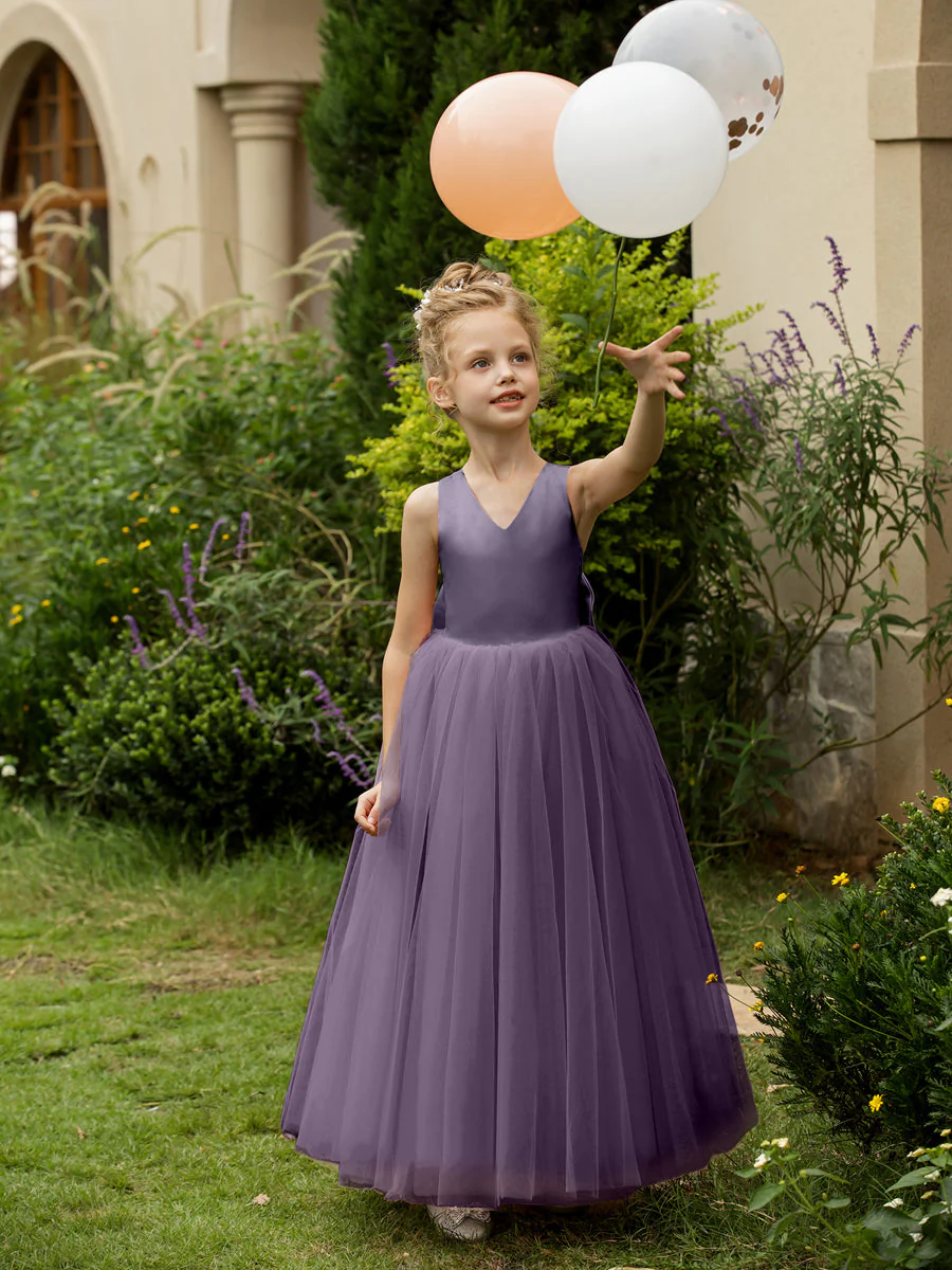 V-Neck Sleeveless Tulle Flower Girl Dresses with Satin Bowknot - Image 42