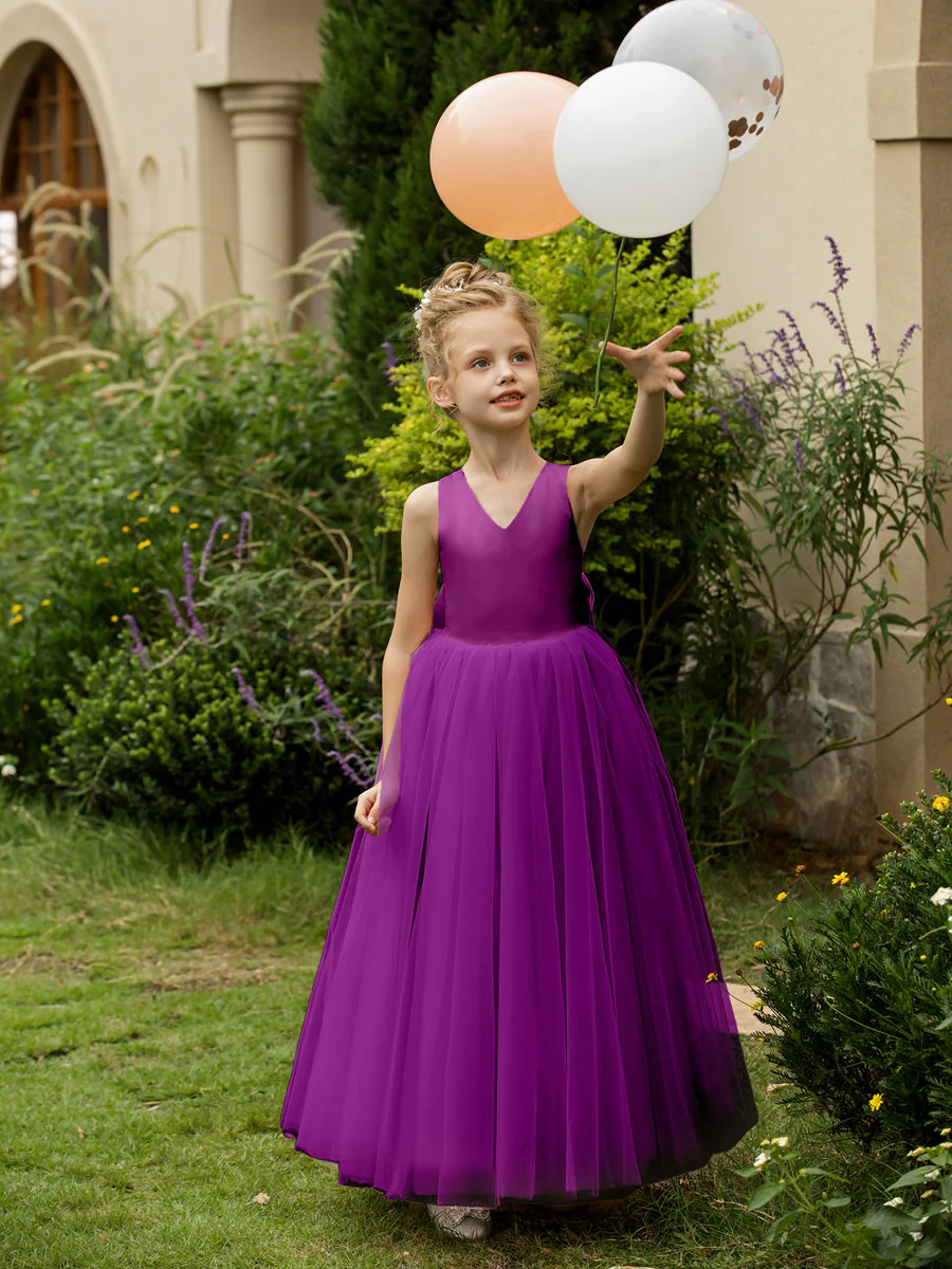 V-Neck Sleeveless Tulle Flower Girl Dresses with Satin Bowknot - Image 47