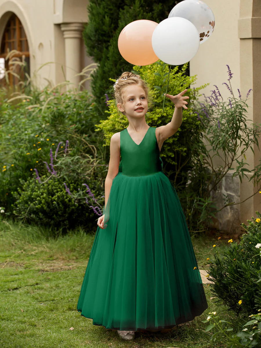 V-Neck Sleeveless Tulle Flower Girl Dresses with Satin Bowknot - Image 67