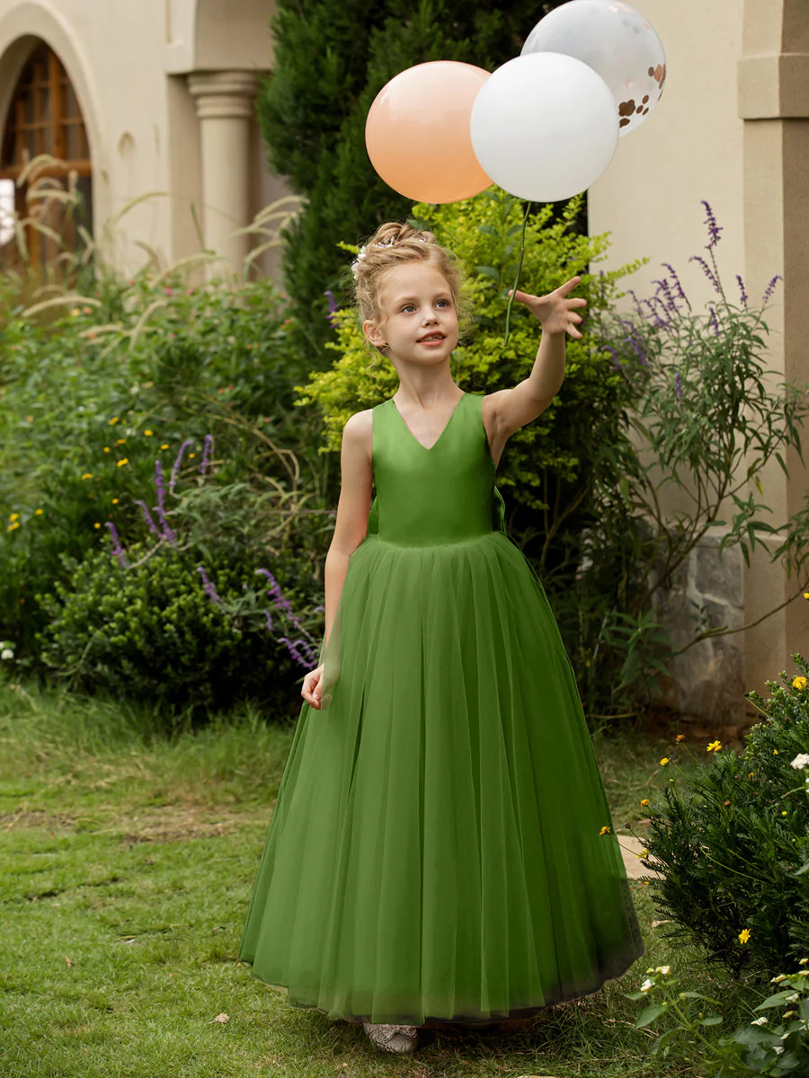 V-Neck Sleeveless Tulle Flower Girl Dresses with Satin Bowknot - Image 68