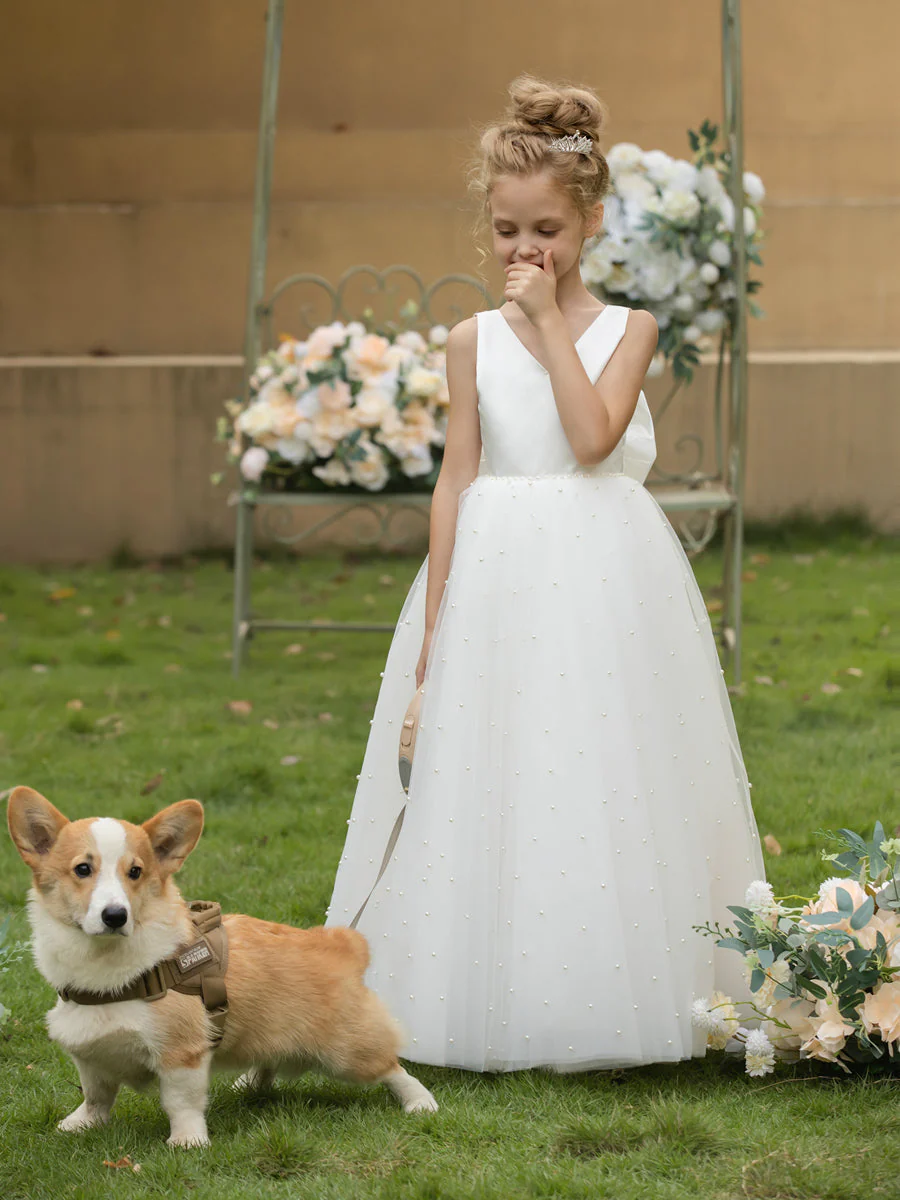 V-Neck Tulle Flower Girl Dresses with Pearls & Satin Bowknot - Image 5