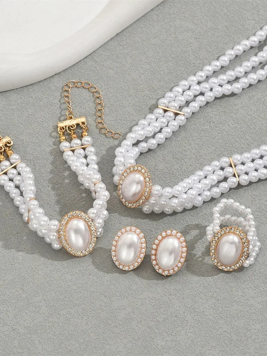 White Women's Alloy Jewelry Set with Pearls & Crystals - Image 3