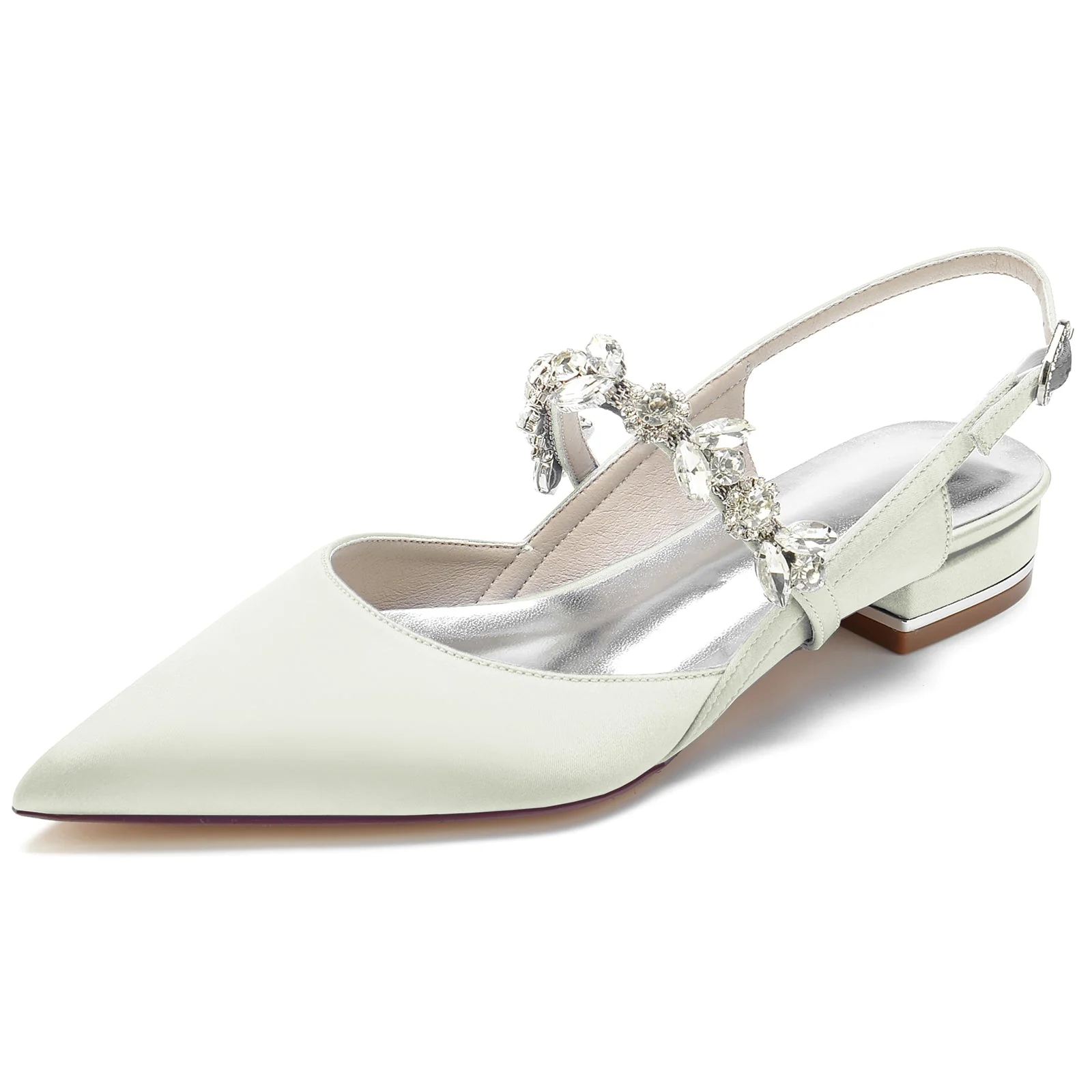 Women's Ankle Strap Rhinestone Closed Toe Silk Satin With Flat Heel Wedding Shoes - Image 9