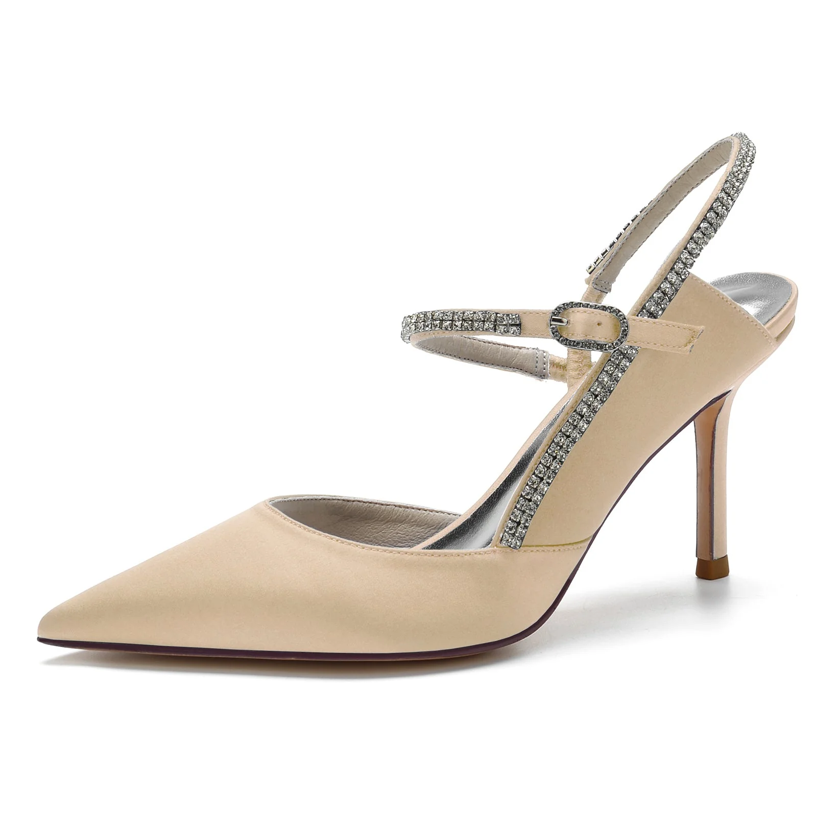 Women's Ankle Strap Rhinestone Closed Toe Silk Satin With Stiletto Heel Wedding Shoes - Image 8
