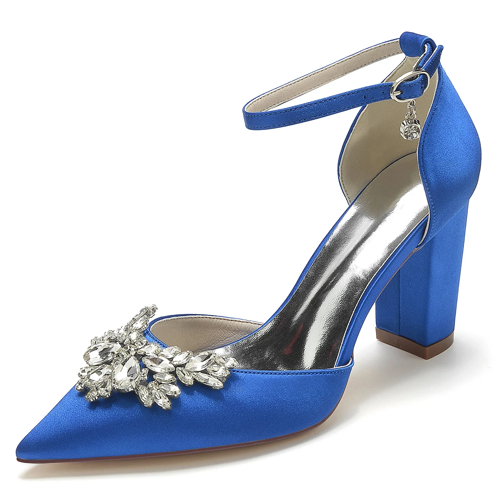 Women's Ankle Strap Silk Satin With Rhinestone Closed Toe Chunky Heel Wedding Shoes - Image 10