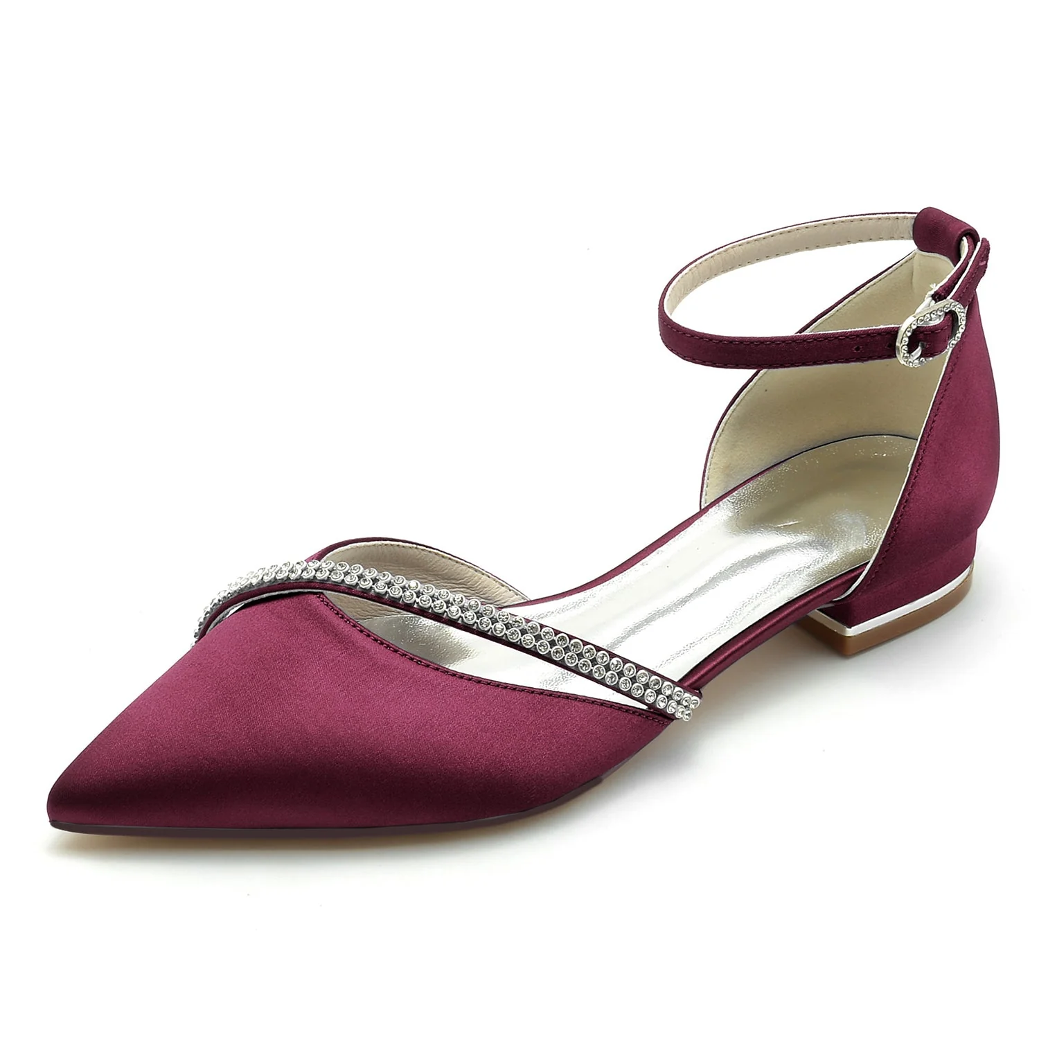 Women's Ankle Strap Silk Satin With Rhinestone Closed Toe Flat Heel Party Shoes - Image 11