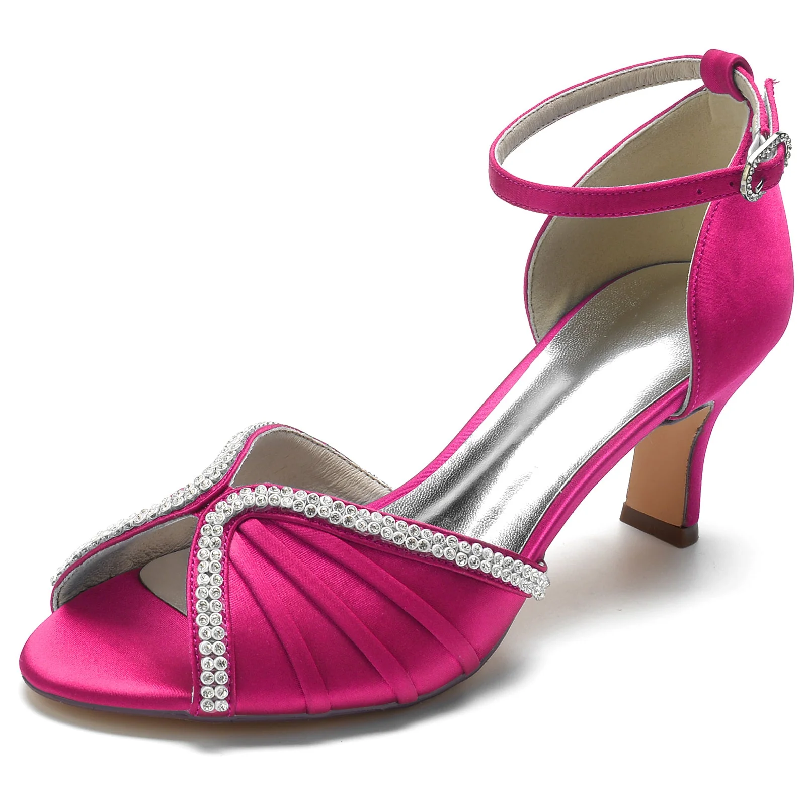 Women's Ankle Strap Silk Satin With Rhinestone Peep Toe Spool Heel Wedding Shoes - Image 14
