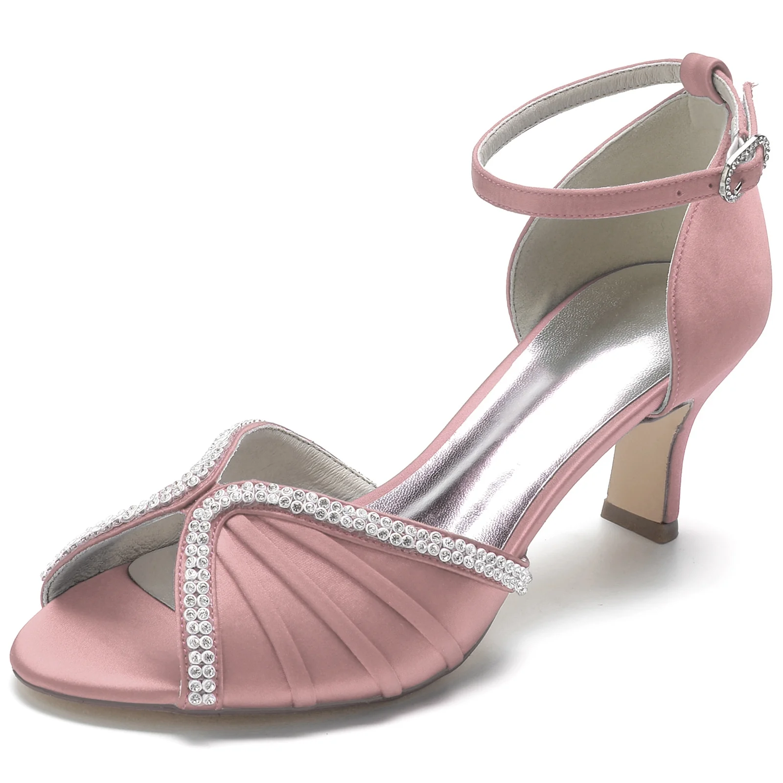 Women's Ankle Strap Silk Satin With Rhinestone Peep Toe Spool Heel Wedding Shoes - Image 6