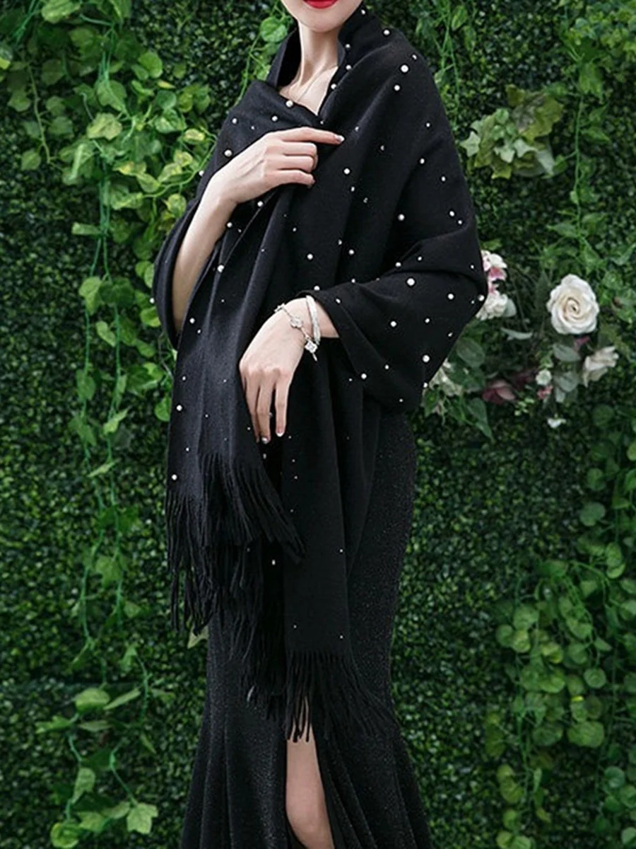 Women's Cashmere Solid Colored Scarf Casual Shawl with Pearls & Tassels - Image 3