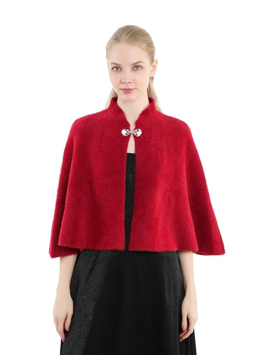 Women's Elegant Knitted Solid Color Cape Shawl with Button - Image 6
