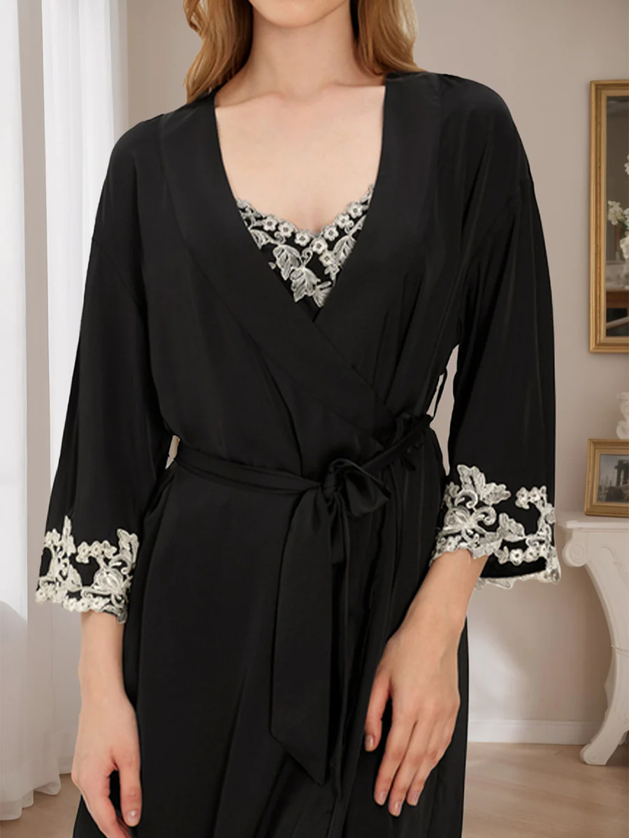 Women's Floral Embroidery Spaghetti Straps Short Robe Set - Image 3