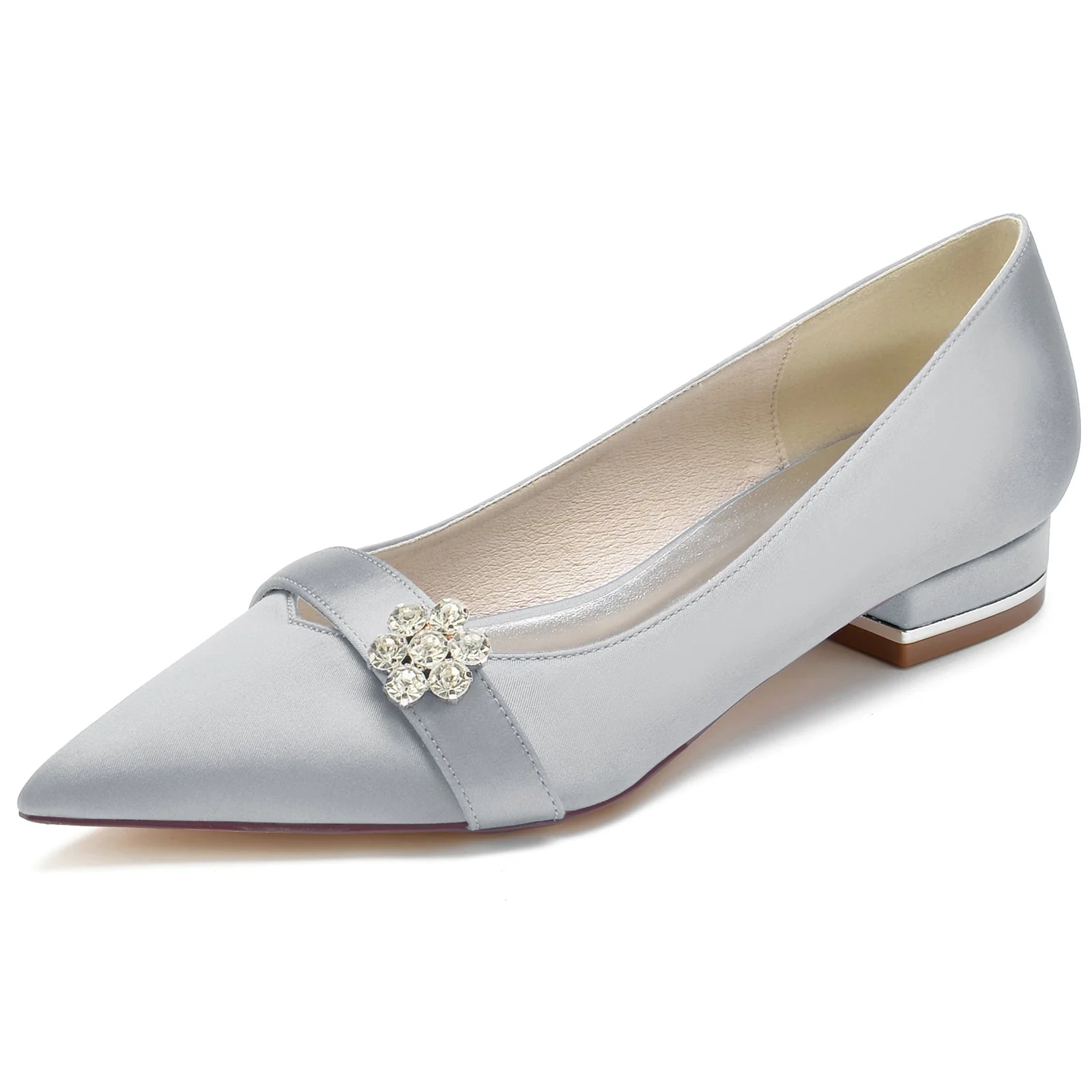 Women's Flower Silk Satin With Rhinestone Closed Toe Flat Heel Wedding Shoes - Image 11