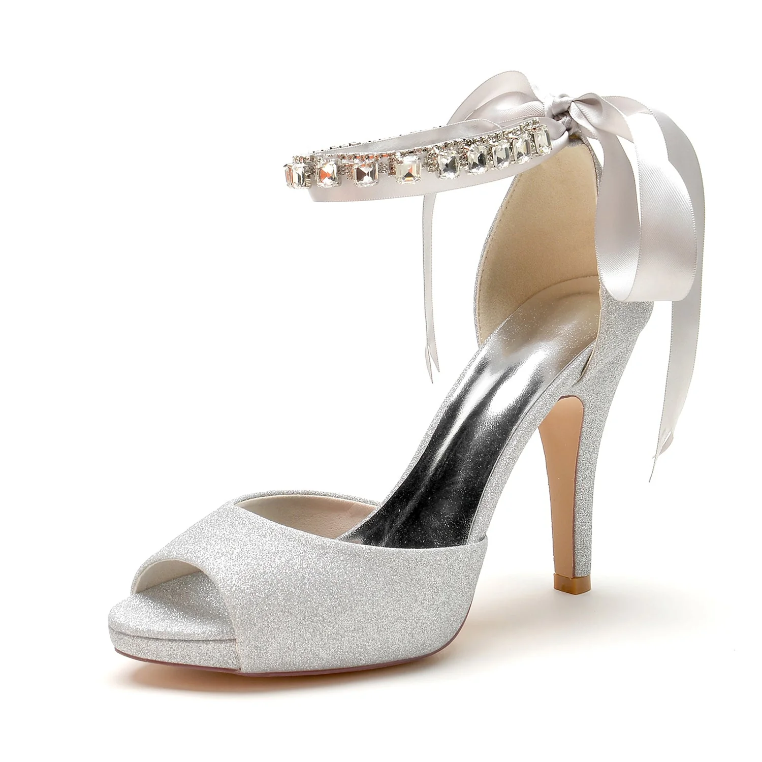 Women's Glitter With Ankle Strap Lace-up Rhinestone Peep Toe Stiletto Heel Wedding Shoes - Image 2