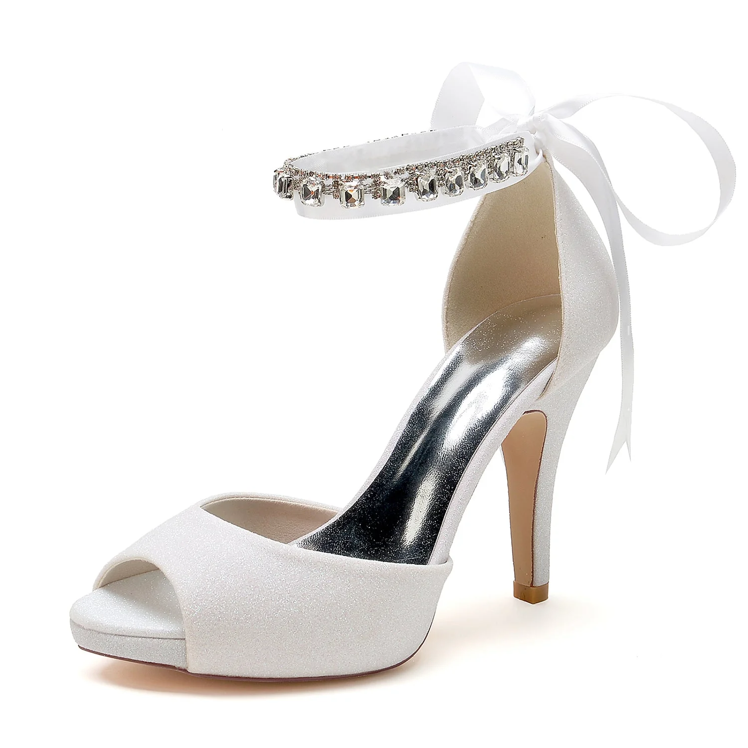 Women's Glitter With Ankle Strap Lace-up Rhinestone Peep Toe Stiletto Heel Wedding Shoes - Image 6