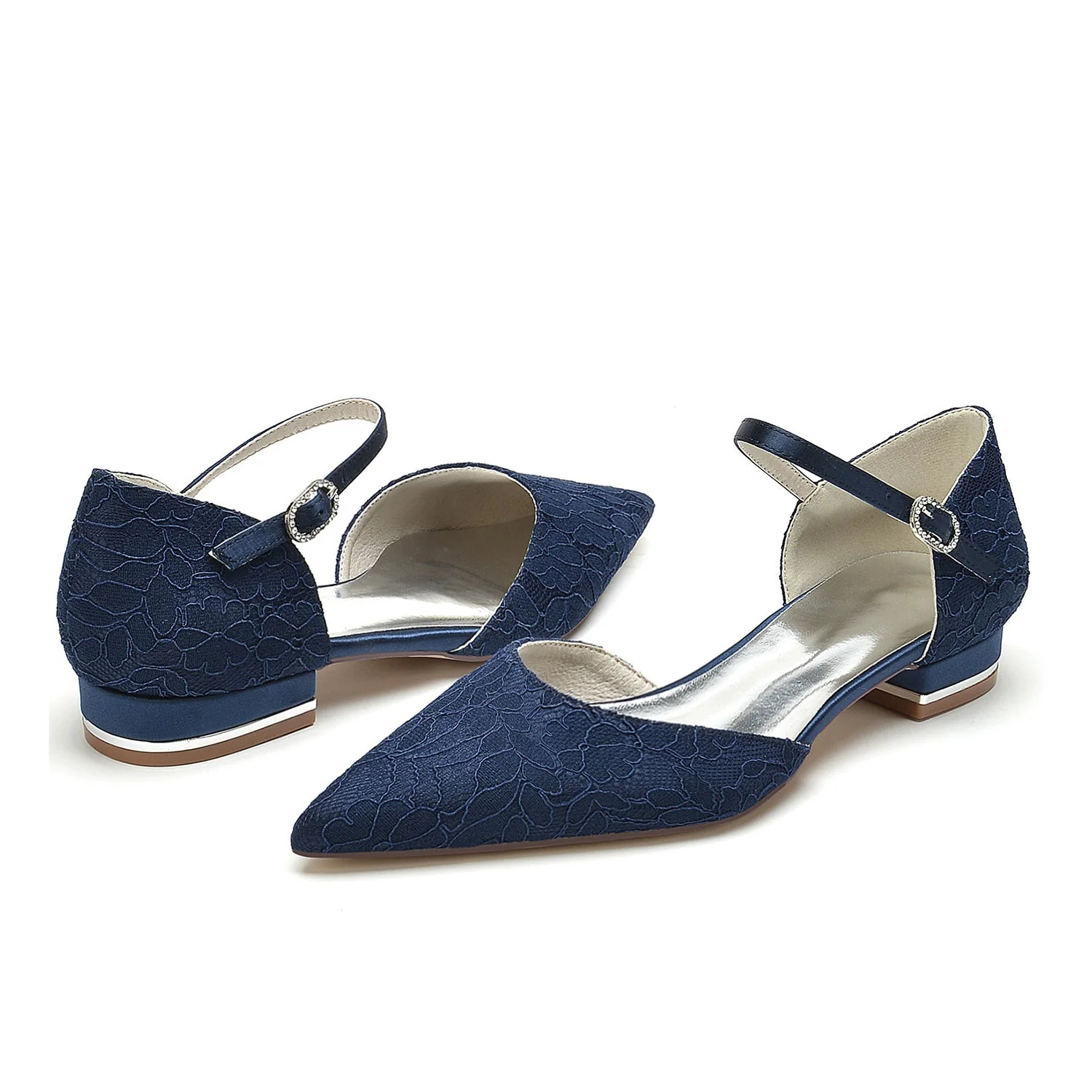 Women's Lace Silk Satin With Ankle Strap Lace Closed Toe Flat Heel Evening Shoes - Image 11