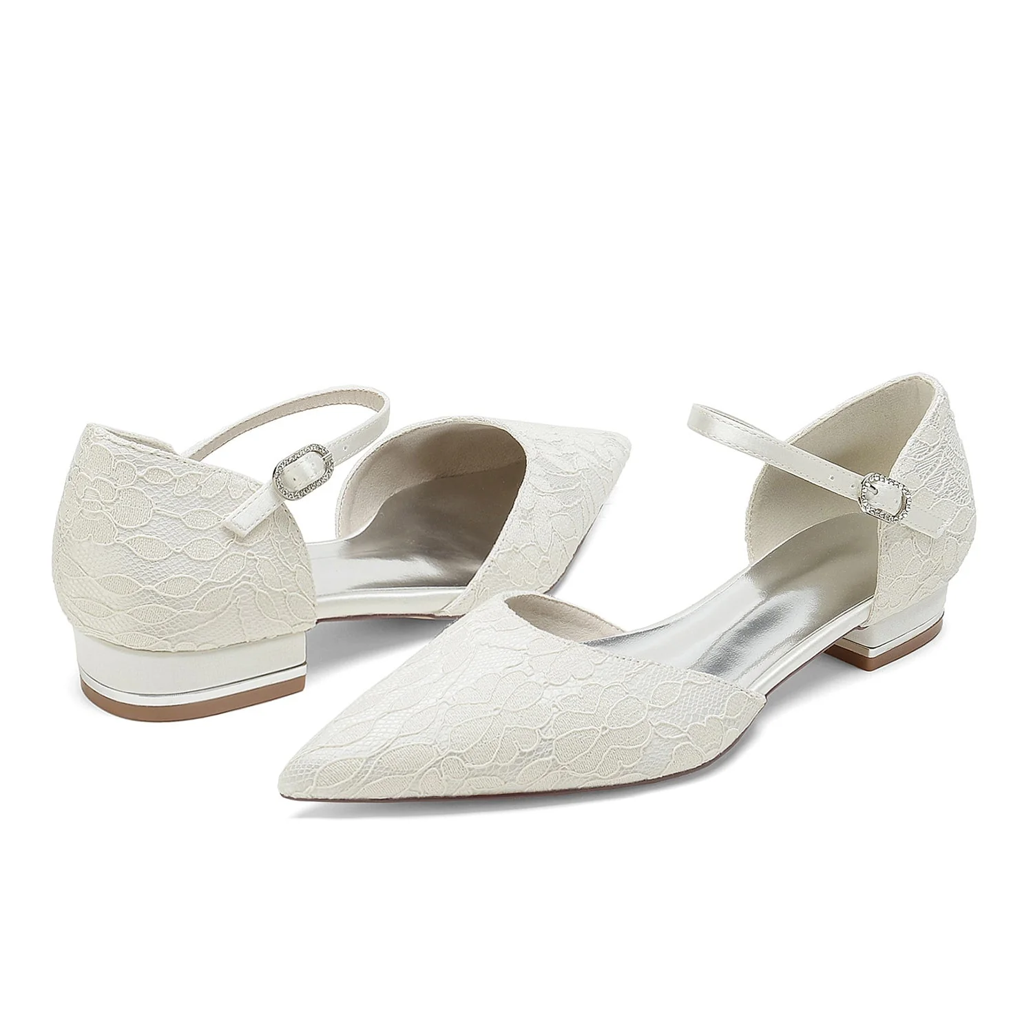 Women's Lace Silk Satin With Ankle Strap Lace Closed Toe Flat Heel Evening Shoes - Image 8