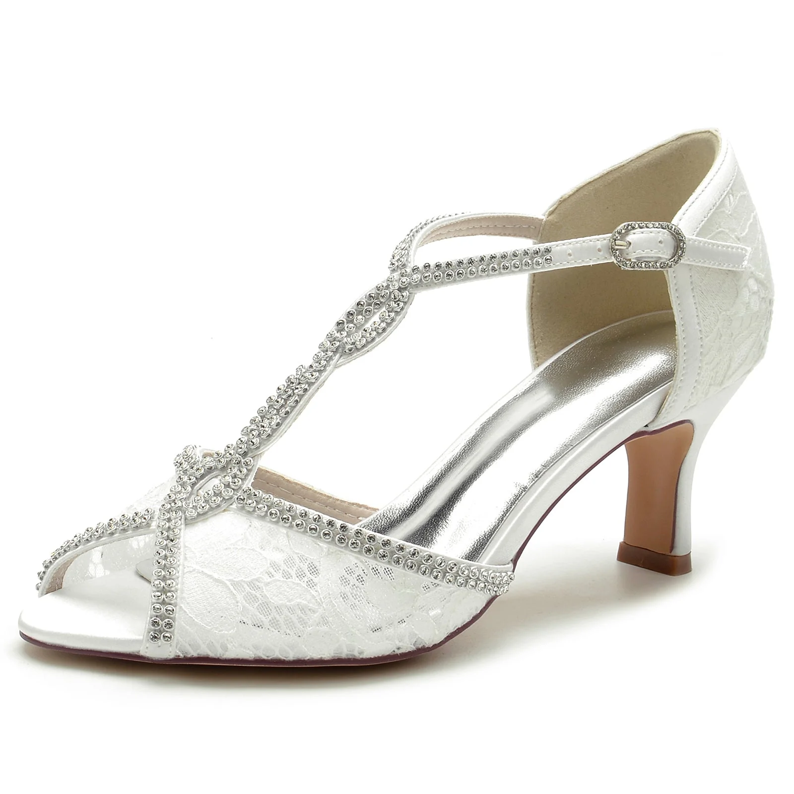 Women's Lace Silk Satin With Ankle Strap Lace Rhinestone Peep Toe Spool Heel Evening Shoes - Image 7