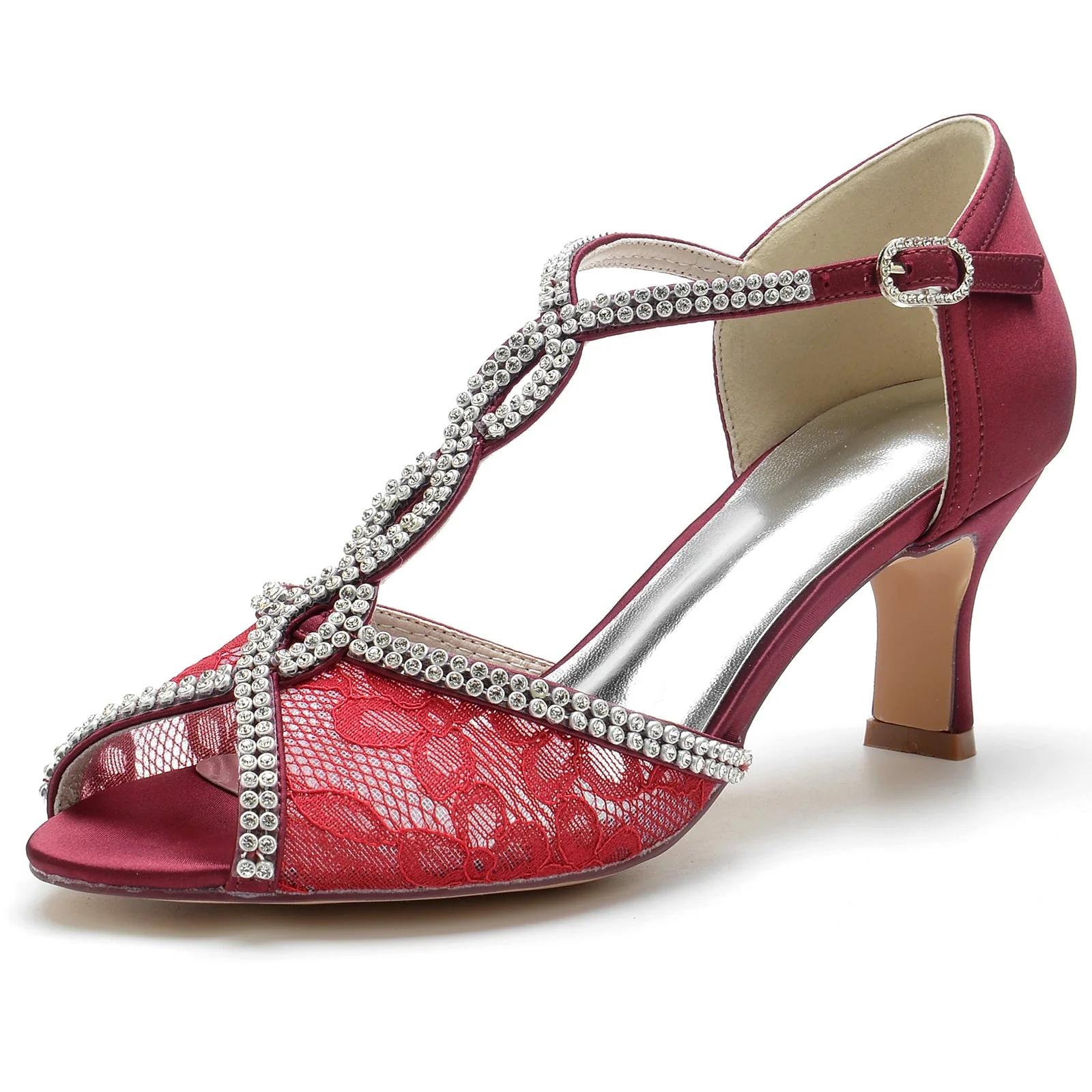 Women's Lace Silk Satin With Ankle Strap Lace Rhinestone Peep Toe Spool Heel Evening Shoes - Image 9