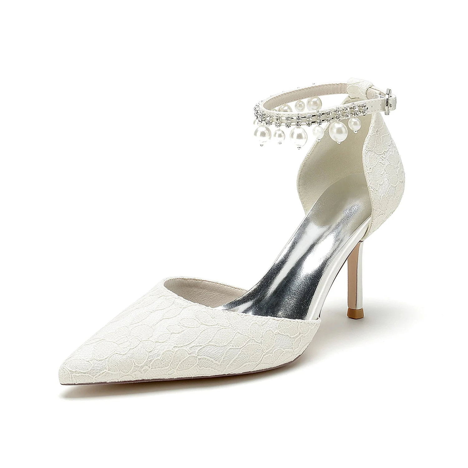 Women's Lace Silk Satin With Ankle Strap Pearl Rhinestone Lace Tassel Closed Toe Stiletto Heel Wedding Shoes - Image 9