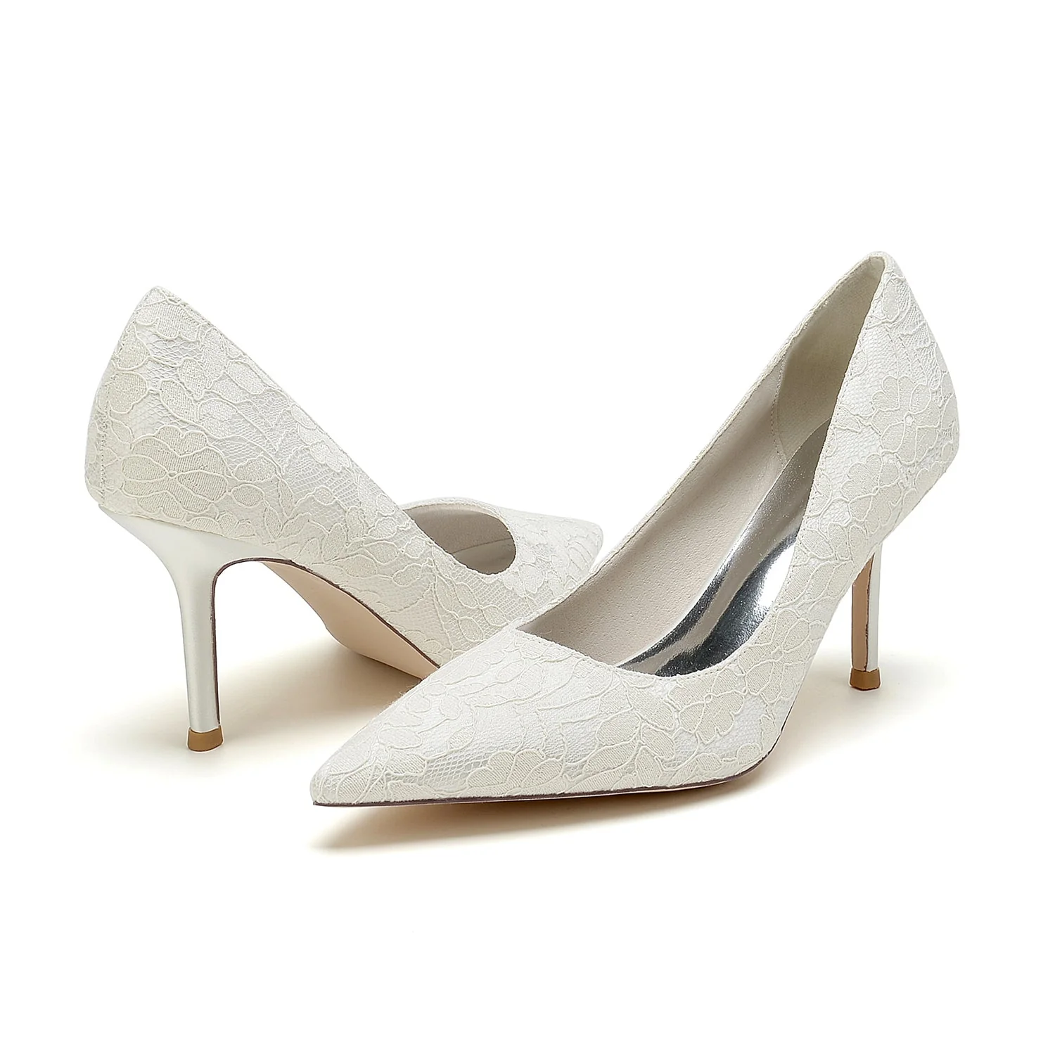 Women's Lace Silk Satin With Lace Closed Toe Stiletto Heel Party Shoes - Image 6