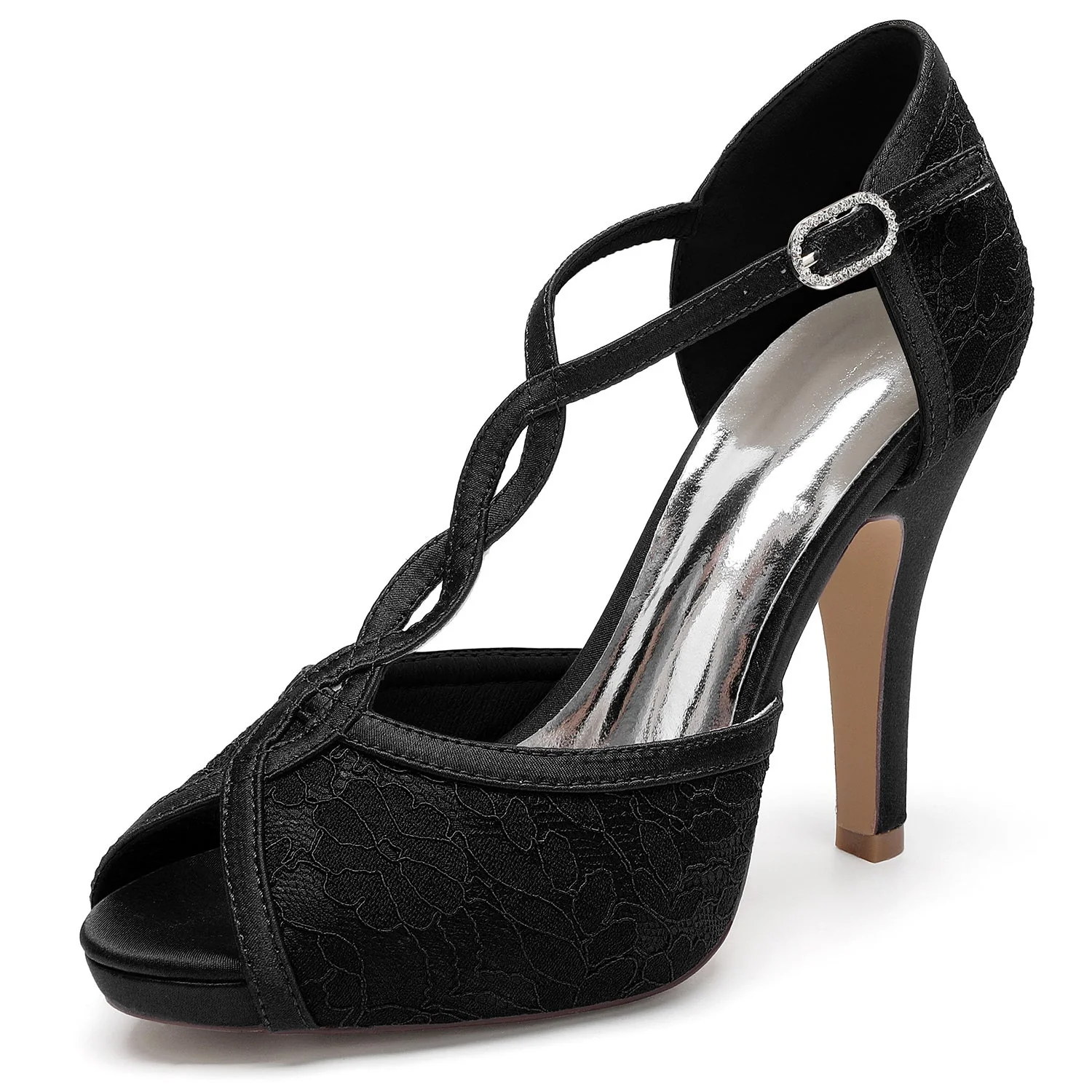Women's Lace With Ankle Strap Lace Peep Toe Stiletto Heel Evening Shoes - Image 9