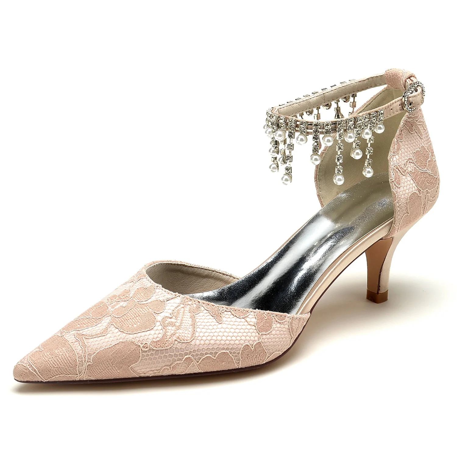 Women's Lace With Ankle Strap Pearl Rhinestone Lace Tassel Closed Toe Stiletto Heel Wedding Shoes - Image 7