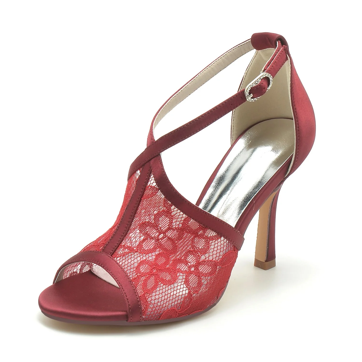 Women's Lace With Ankle Strap Peep Toe Stiletto Heel Evening Shoes - Image 8