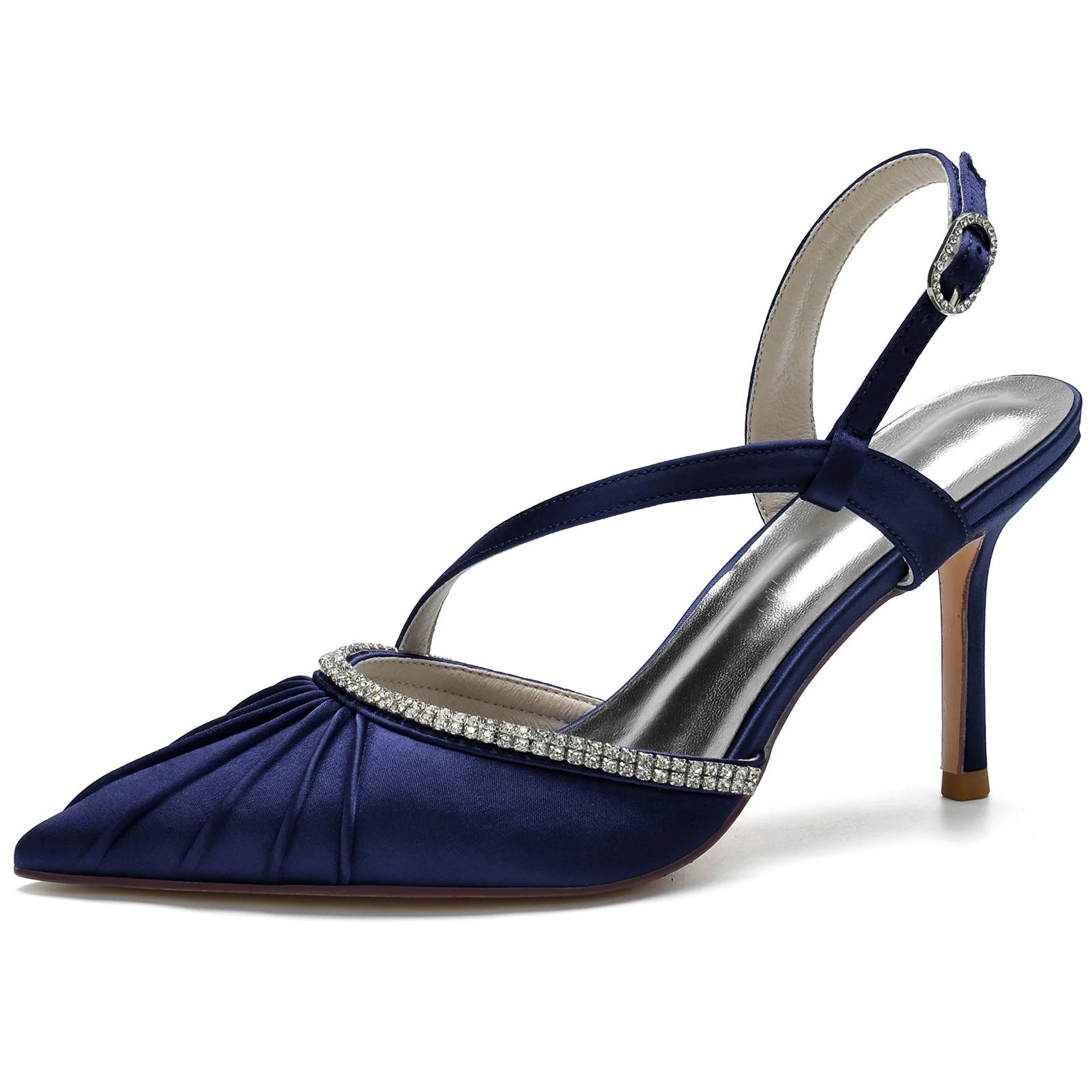 Women's nkle Strap Silk Satin Rhinestone Closed Toe Stiletto Heel Evening Shoes - Image 11