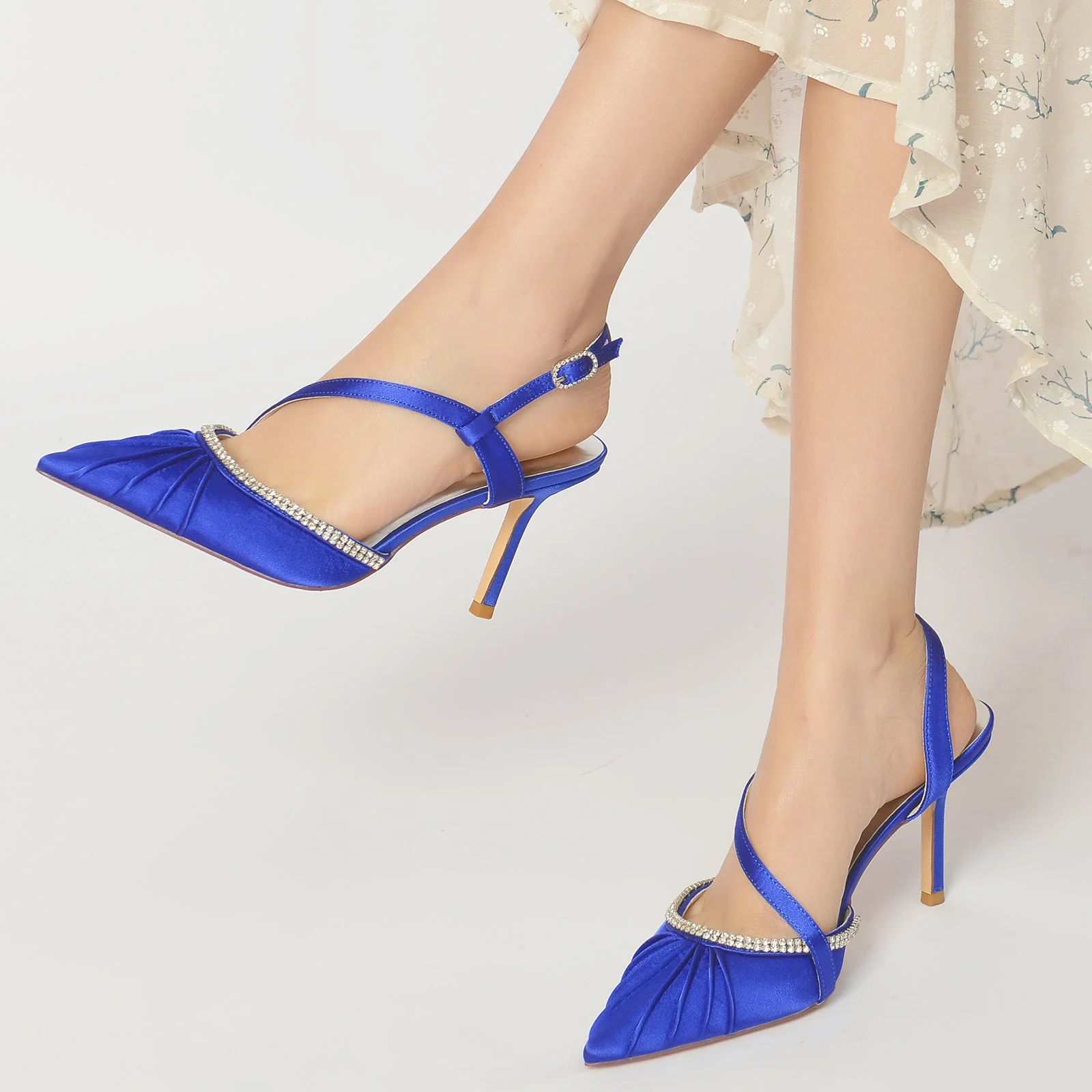Women's nkle Strap Silk Satin Rhinestone Closed Toe Stiletto Heel Evening Shoes - Image 5