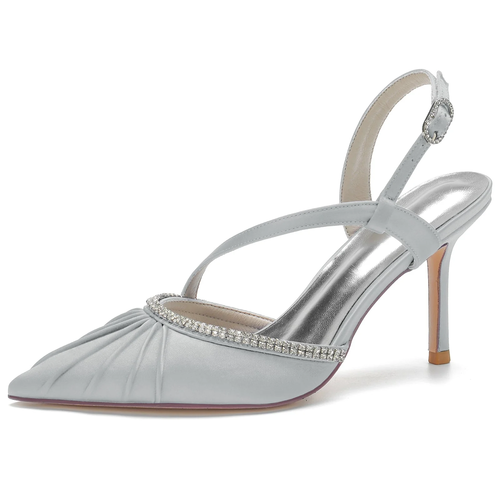 Women's nkle Strap Silk Satin Rhinestone Closed Toe Stiletto Heel Evening Shoes - Image 6