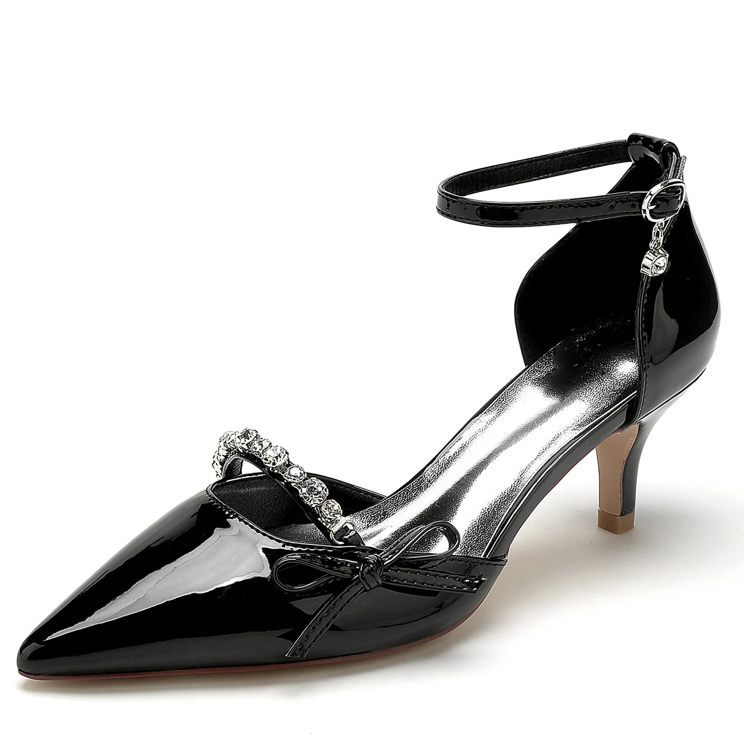 Women's Patent Leather Mirror Finish With Ankle Strap Bowknot Rhinestone Closed Toe Stiletto Heel Evening Shoes - Image 6