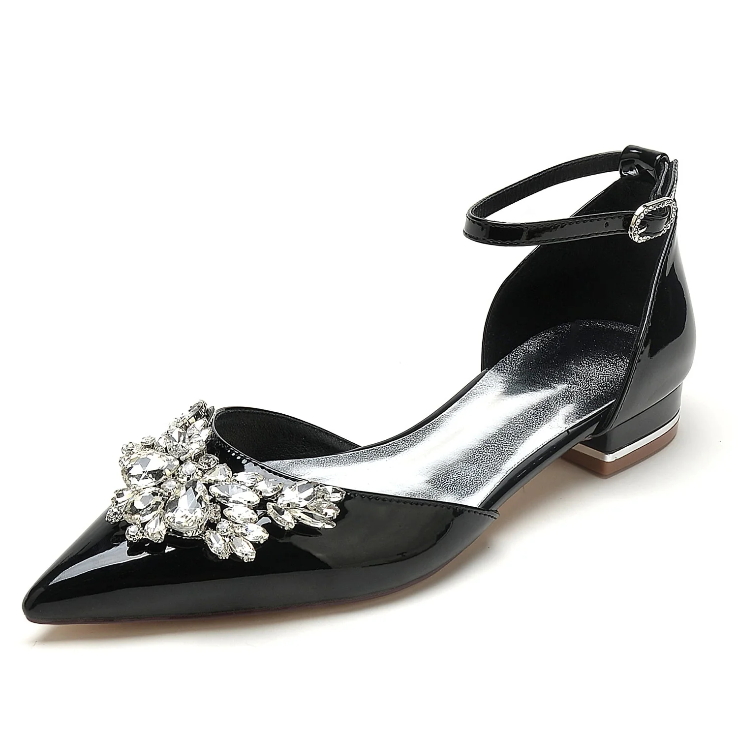 Women's Patent Leather Mirror Finish With Ankle Strap Rhinestone Closed Toe Flat Heel Wedding Shoes - Image 6