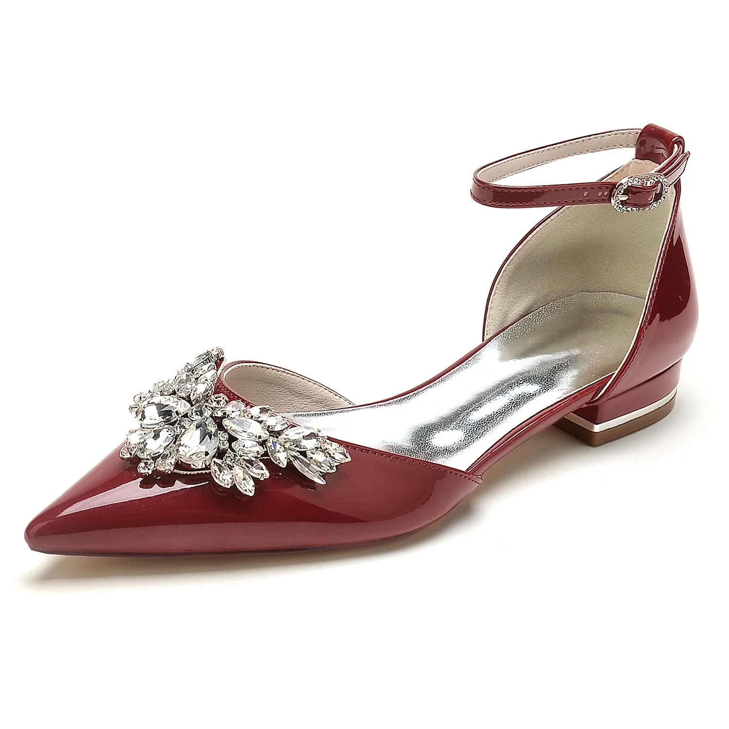 Women's Patent Leather Mirror Finish With Ankle Strap Rhinestone Closed Toe Flat Heel Wedding Shoes - Image 7