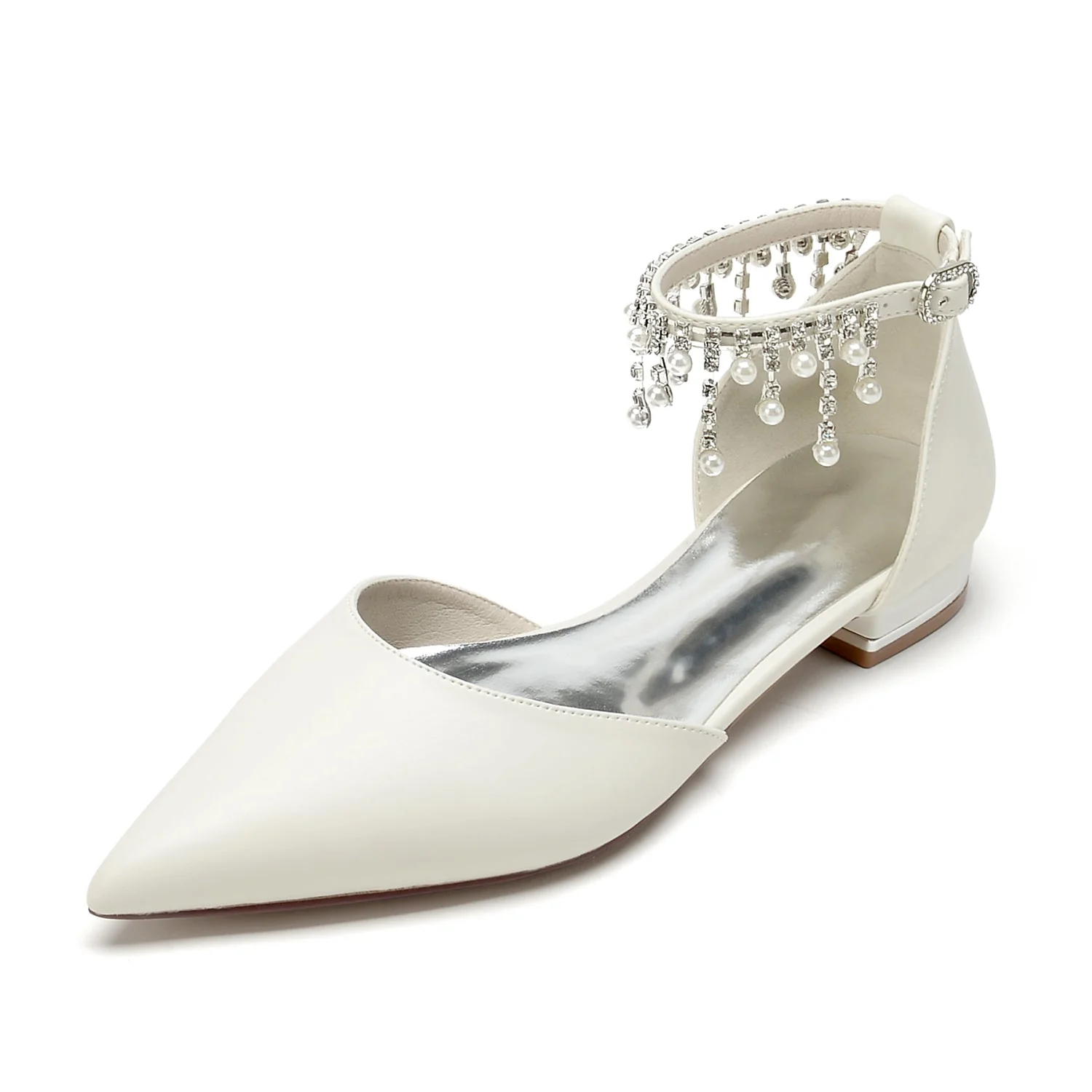 Women's PU With Ankle Strap Pearl Tassel Closed Toe Flat Heel Evening Shoes - Image 7