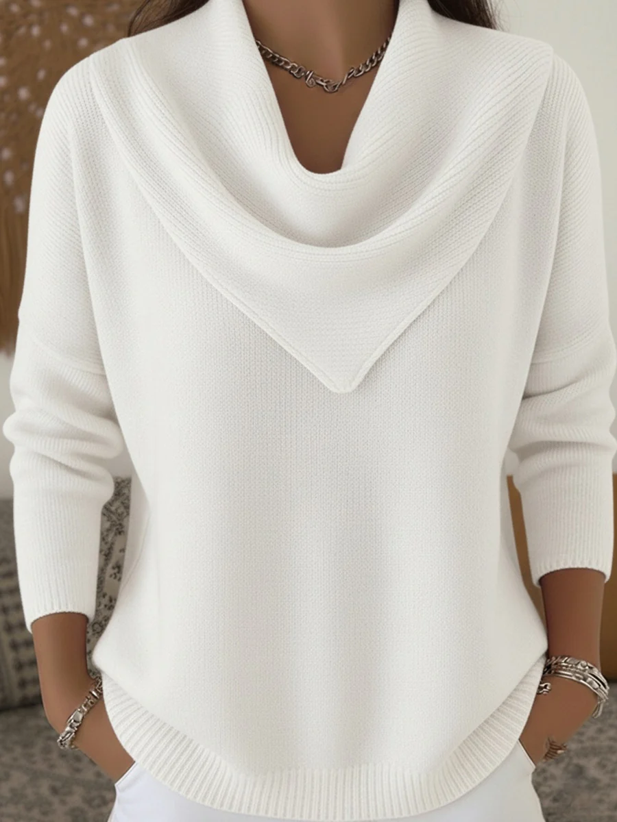 Women's Retro Soft Triangle Neck Solid Color Sweater - Image 6